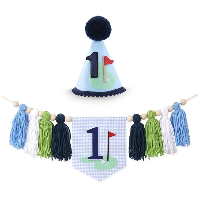 

LLCS-Golf 1St Birthday Highchair Banner - One Theme One High Chair Banner & First Birthday Cone Hat Decorations
