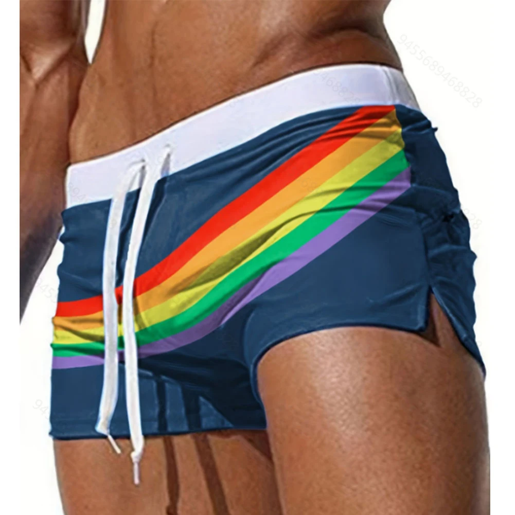 

New Men Rainbow Gradient Swim Shorts Swimwear Swimming Trunks Underpants Briefs Pants Tied Slim Sports Male Shorts