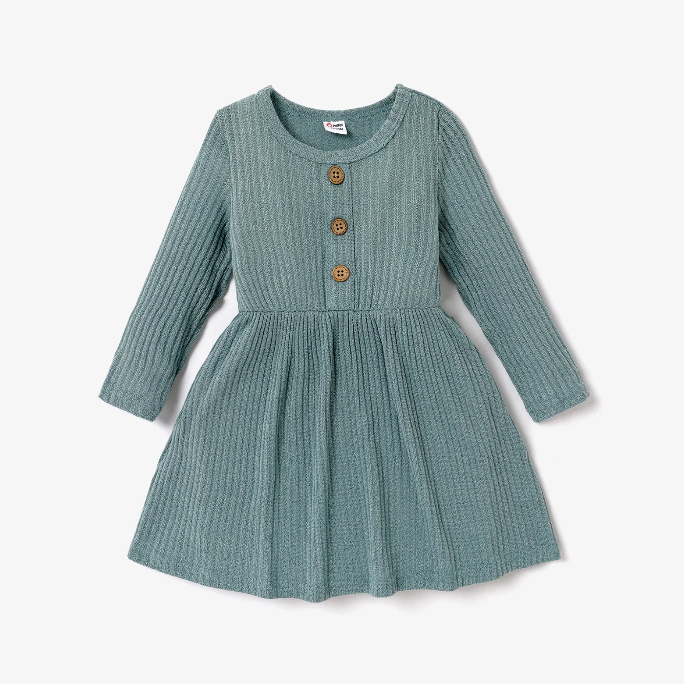 PatPat Toddler Girl Solid Color Button Design Ribbed Long-sleeve Dress Perfect for Outings and Daily Wear Basic Style