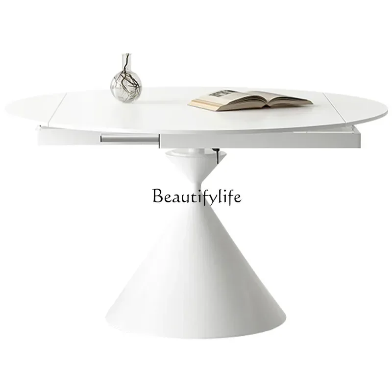 Retractable dining table cream wind rock slab square and round dual-purpose matte white rotatable retractable