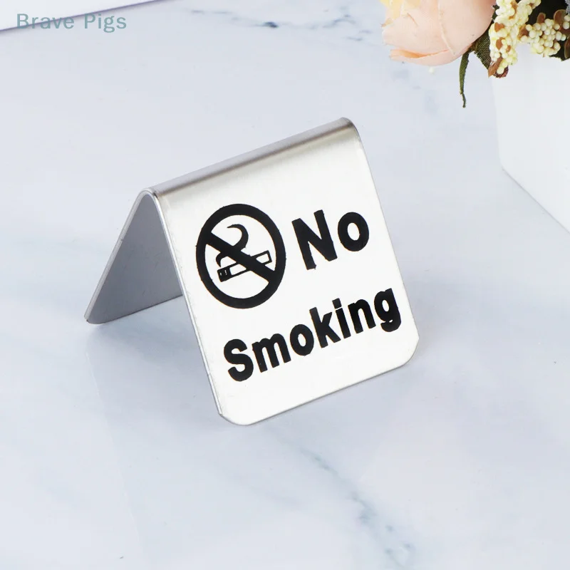 Stainless Steel No Smoking Sign Double-Sided Tabletop Warning Sign Plaque For Restaurant Public Places Hotel Office