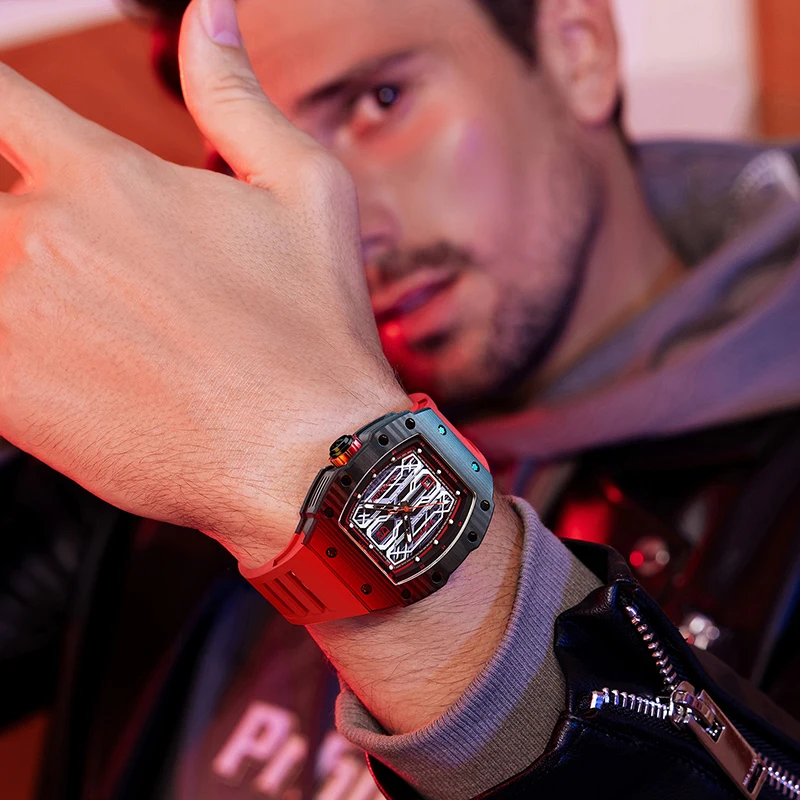 

Мужские автоматические часы BONEST GATTI Skeleton Man, немецкие часы, карбоновое волокно, модные, легкие, люксовые, серия Barrel Explorer, в коробке