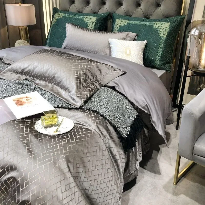 Premium Grey Black Satin Jacquard bedding sets US Queen King Cal King size 4/6Pcs Duvet cover match soft bed sheet pillowcases