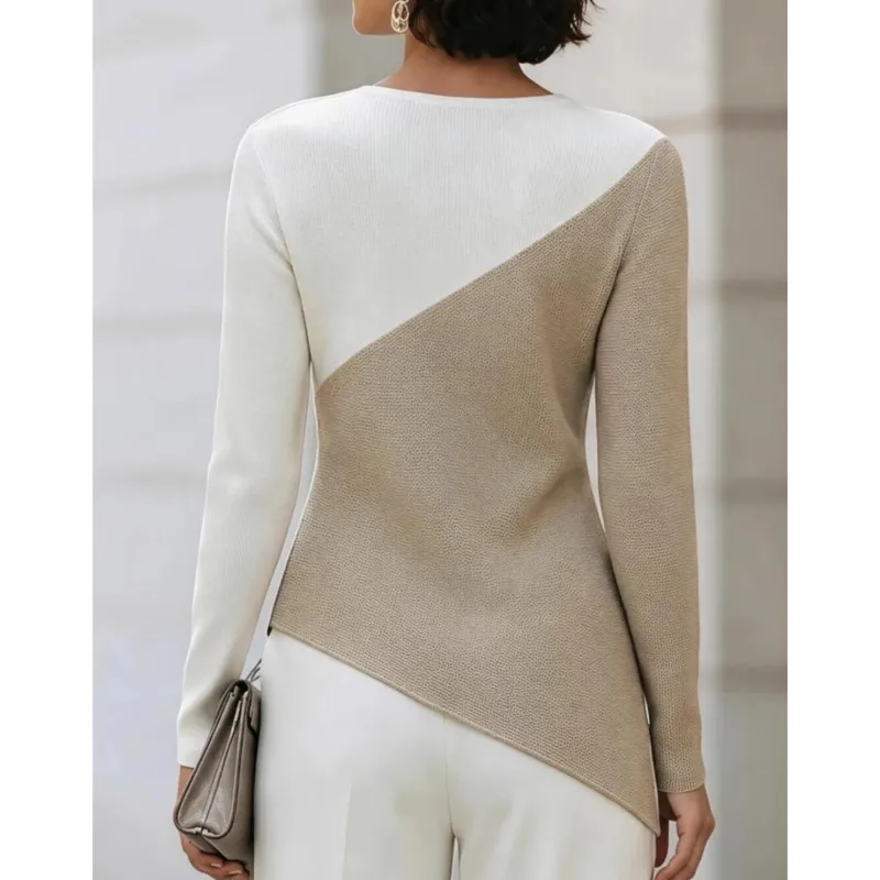 Women's Blouses Spring Fall New Casual Color-Block Irregular Knit Top Slim Figure-Hugging Commute Base Layer For Women Clothing