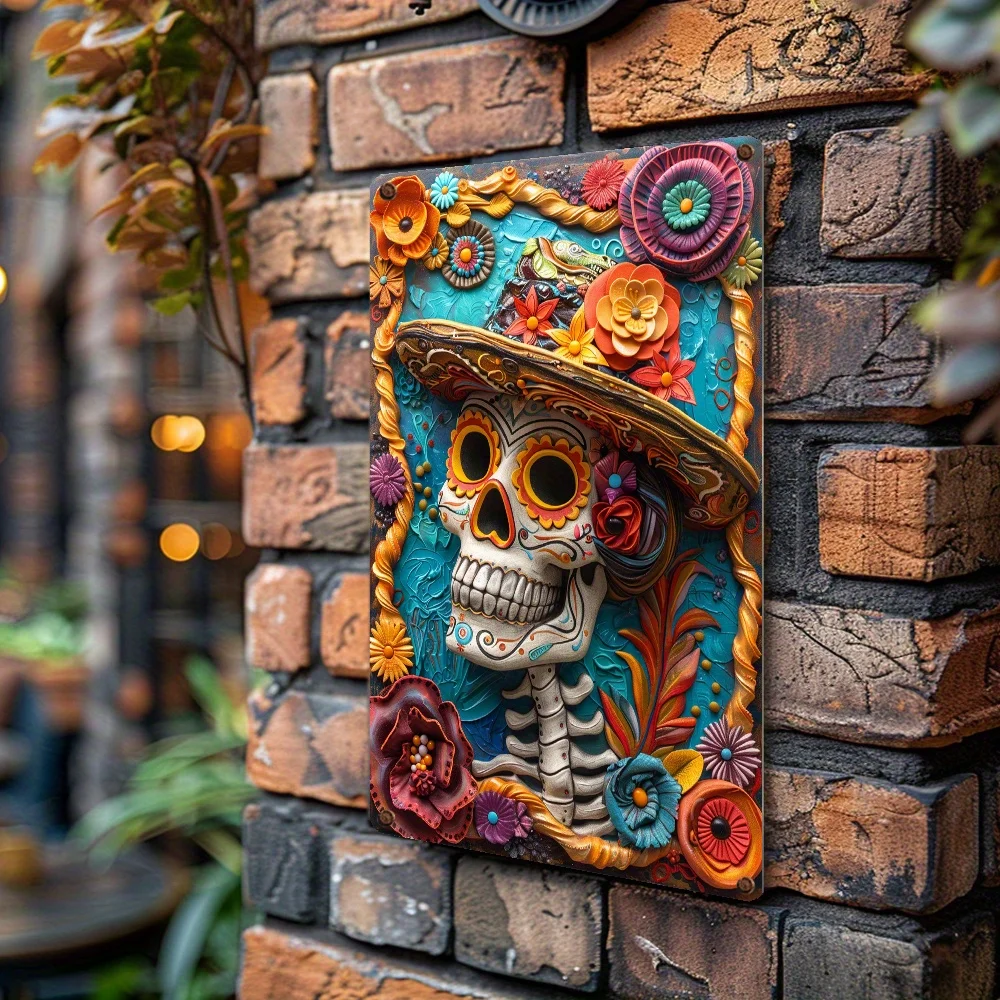 1pc Vintage Style Aluminum Metal Wall Art Plaque - Mexican Skull with Sombrero, Floral Design, No Electricity Required