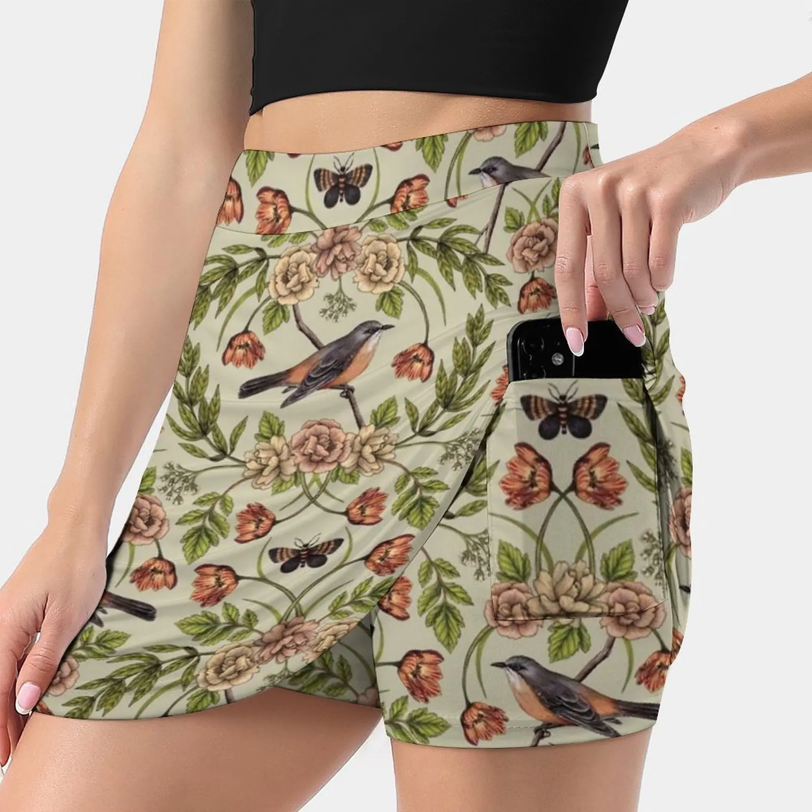 In The Garden-Nature Pattern W / Birds , Flowers & Moths Women's skirt Sport Skort Skirt With Pocket Fashion Korean Style Skirt