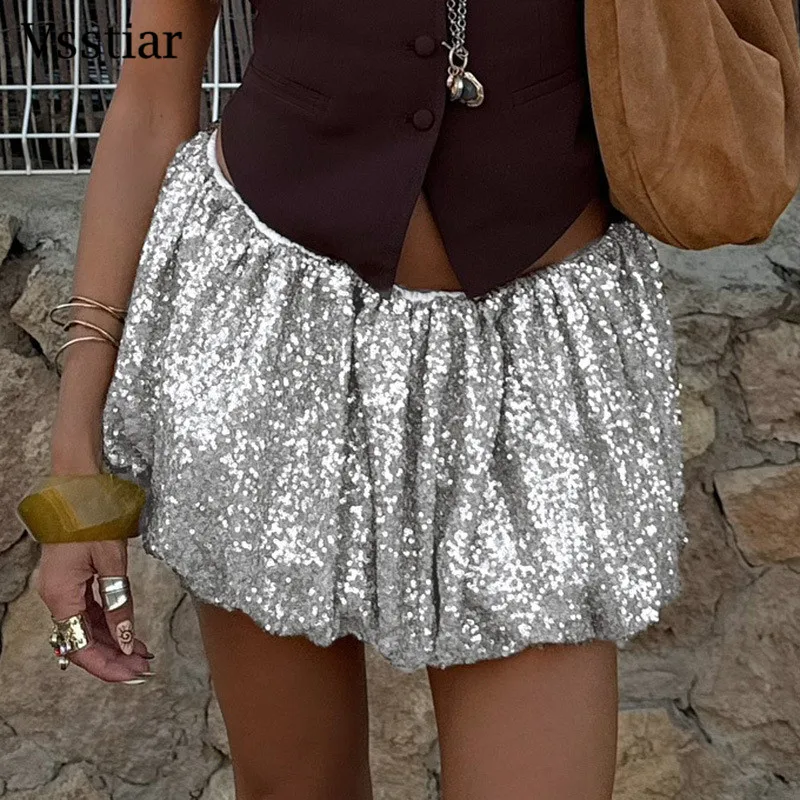 Vsstiar High Waist Mini Women Skirts Fashion Sequins Pleated Skirt Glitter Nightclub Party Wear Female Y2K Bottoms Dropshipping