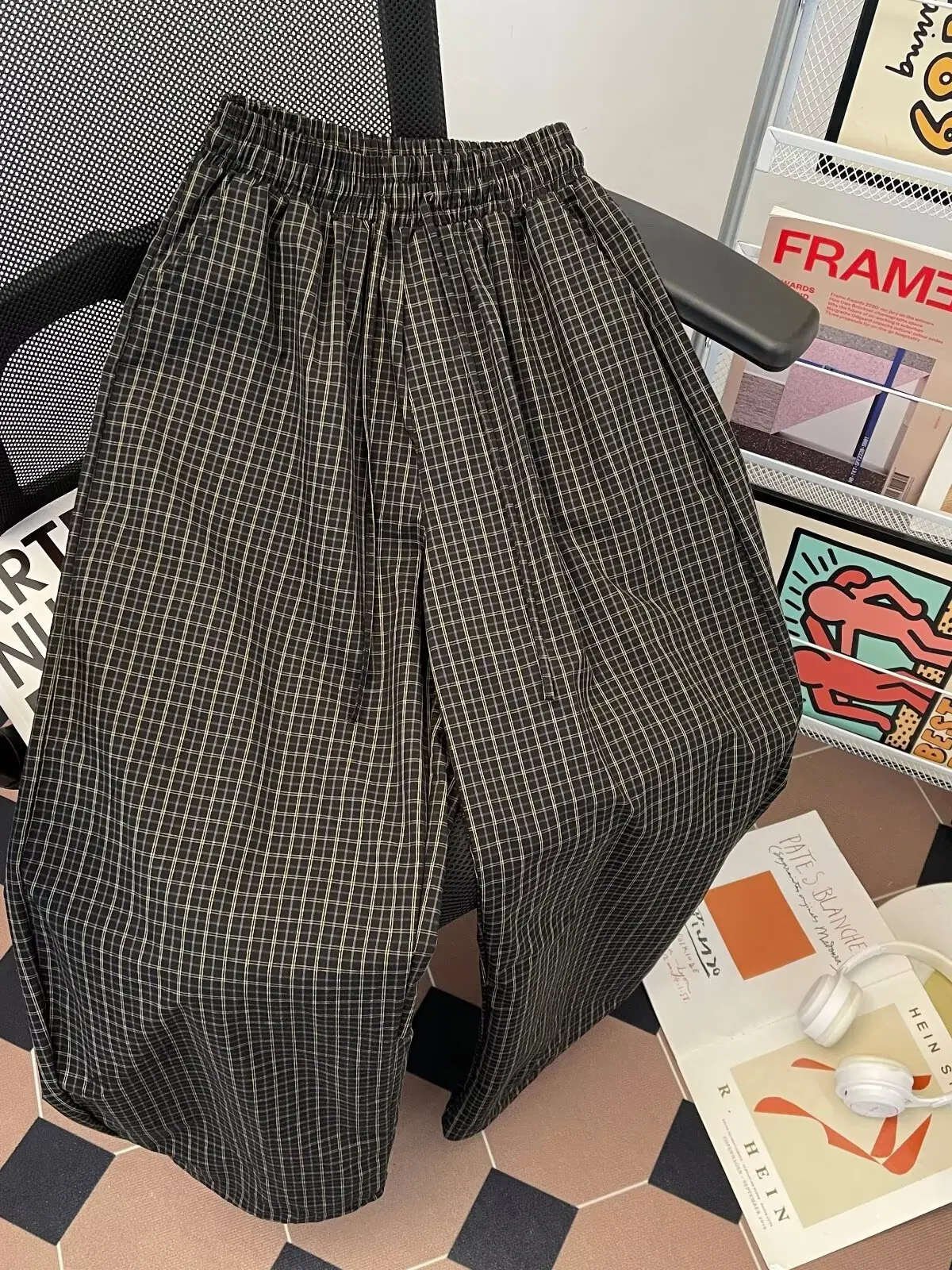 

Retro American Plaid Wide Leg Knife Pants Men Women Casual Floor-Length Trousers Straight Cut Loose Fit Summer Youth Sle