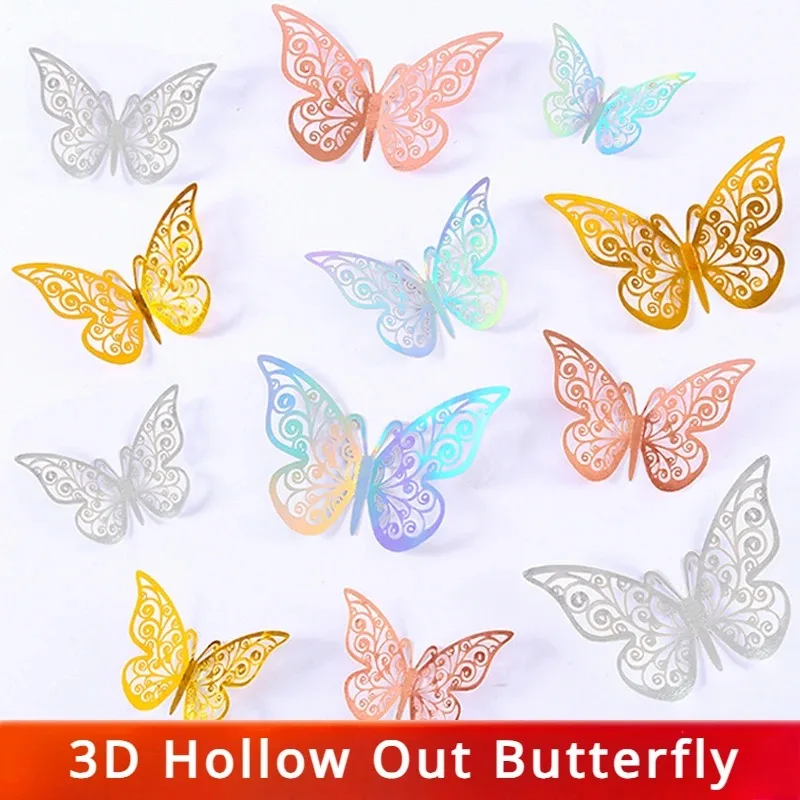 12Pcs/set 3D Hollow Colours Butterfly Wall Sticker Living Room Home Decoration Paper Butterfly Party Decoration Photo Shoot