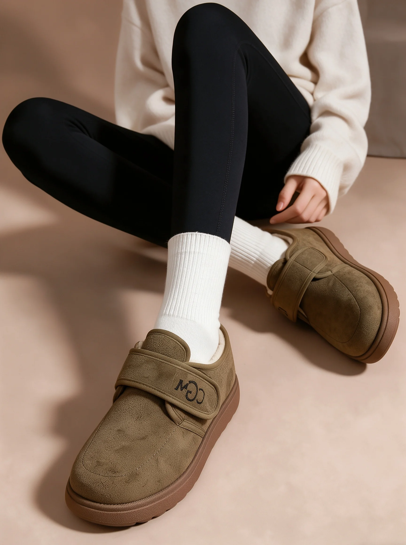 Damen-Winter-Fleece-Innensohlen-Loafer mit Obermaterial aus ultrafeinem Faser-Wildleder und thermischem Baumwollfutter mit Klettverschluss, lässige Outdoor-Schuhe – Detail 6