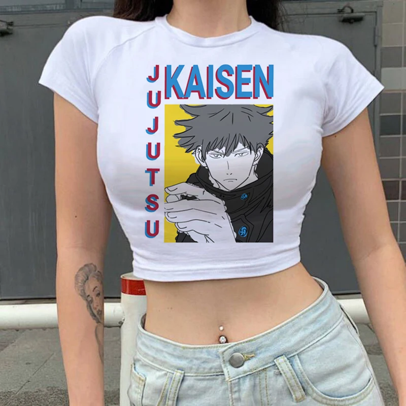 เสื้อยืดเสื้อยืดโชว์สะดือมังงะอนิเมะญี่ปุ่น Jujutsu Kaisen เสื้อยืดแนวโกโจซาเทรุท็อปส์ซู Yuji itadori เสื้อยืดกราฟิก90s