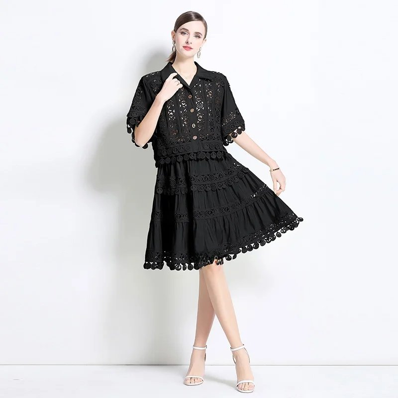 Retro Court Sle ort Lace Embroidery Blouse with f Skirt Set Women's Faionable Two-Piece Suit Turn-down Collar Button-Up