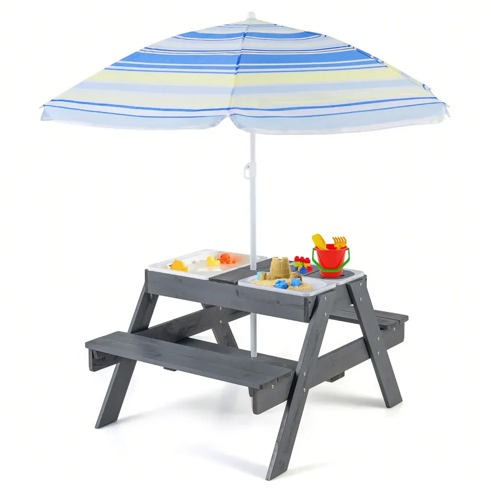 

Kids' Tables And Chairs Escritorio Para Niños4In1 Kids Picnic Table Set W 3 Removable Bins Lids Foldable Umbrella