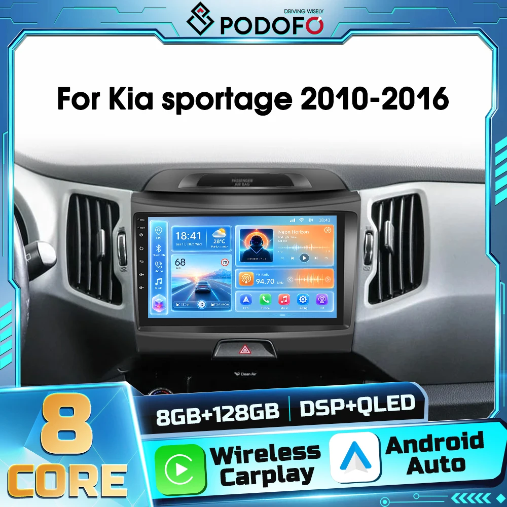 Autoradio Android 2DIN Podofo 8 Core per Kia Sportage 2010-2016 con Carplay Wireless, GPS, Android Auto, WIFI, DSP, Ricevitore FM RDS e Bluetooth