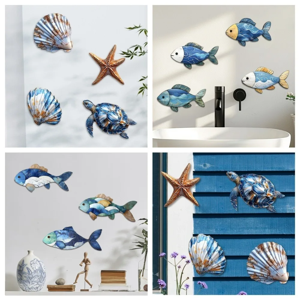 Durable Wooden Blue Fish Wall Ornament Hand Carved Retro Fish Signs Pendant Rustic Funny Turtle Shell Decoration Hawaiian