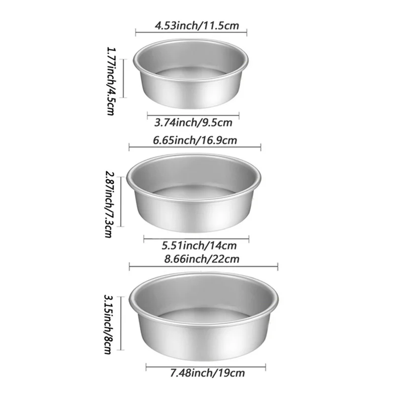 3-Piece Round Cake Pan Set 4/6/8 Inch Hard Anodized Aluminum Molds with Removable Bottoms for Easy Cake Removal Baking Mould