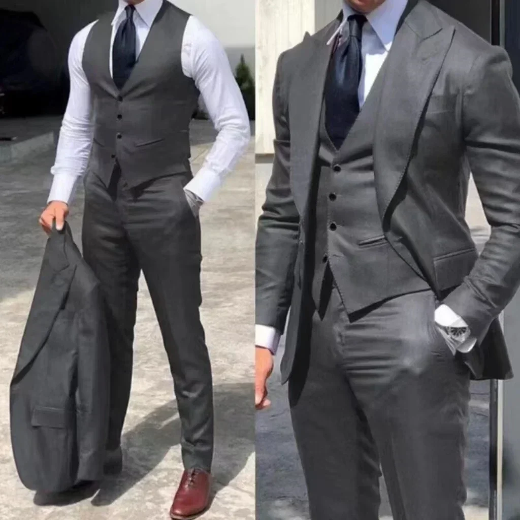 

Men's 3-Piece Slim Fit Tuxedo Suits for Wedding Peaked Lapel Groomsmen Blazer Pant Vest Set Business Dress Code