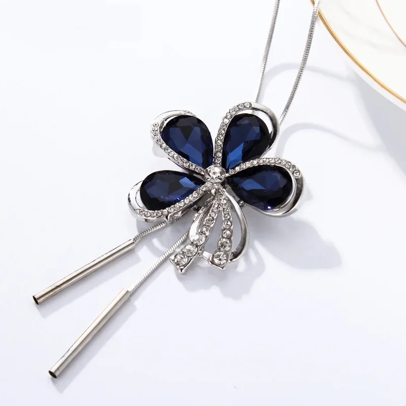 Crystal Five Petal Flower Necklaces & Pendants for Women Trendy Long Collier Femme Fashion Female Sweater Chain Jewelry