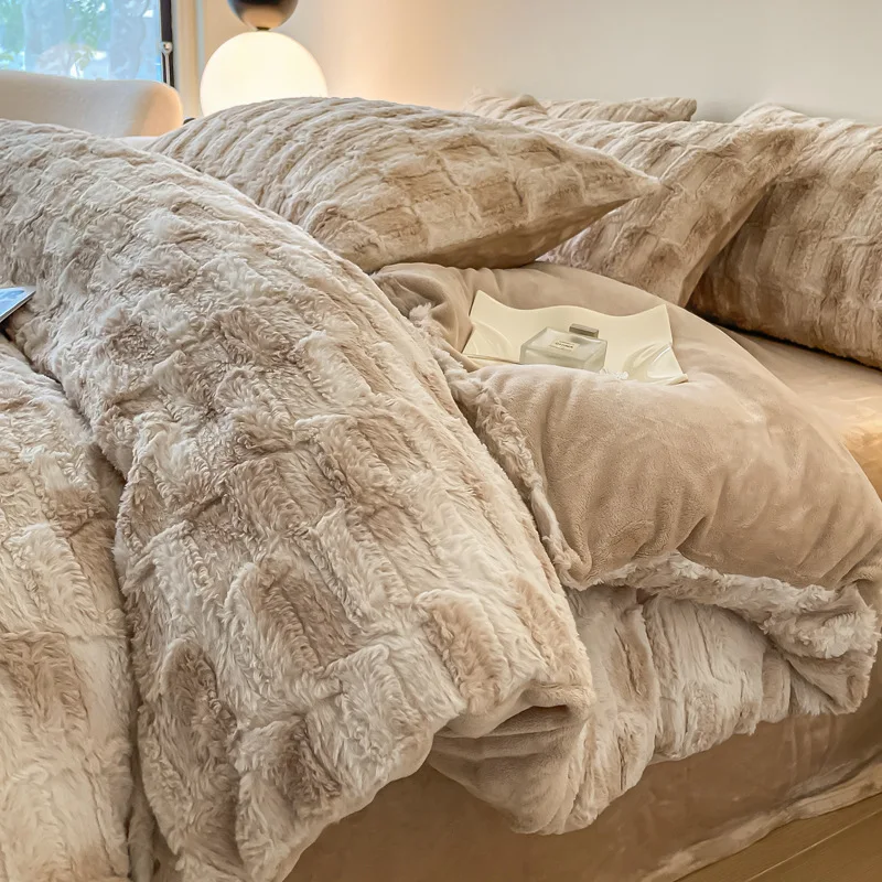 

Milk Velvet Bed Set of Four Pieces, Winter Double-sided Plush Bedding, Flange Coral Velvet Quilt Cover, Bed Sheet