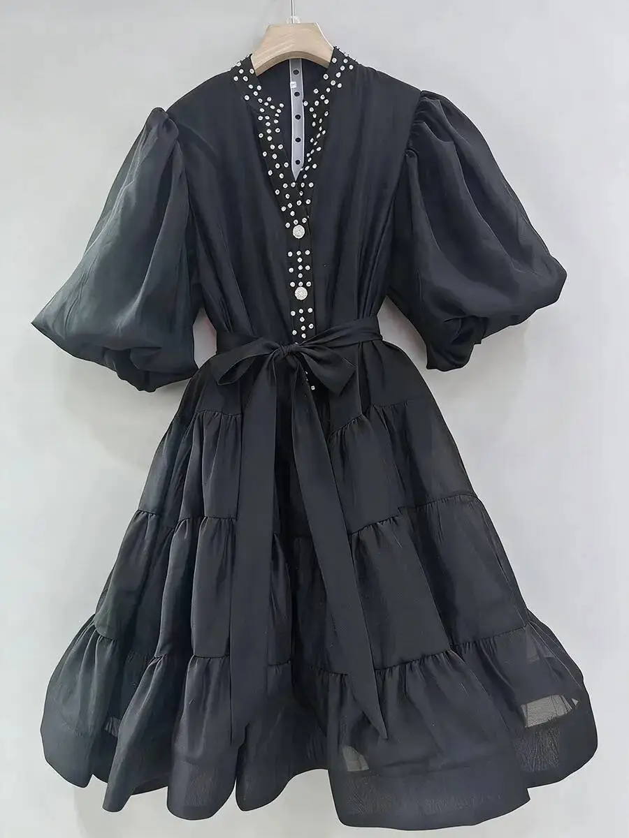 BJTZ 2026 primavera otoño Vintage vestido bohemio mujeres estampado Floral Puff manga diamantes de imitación botones cintura corbata vacaciones Chic