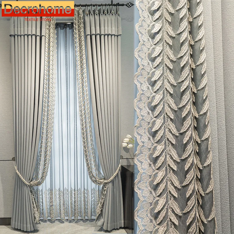 Grey Chenille Jacquard Embossed Embroidered Window Screen Splicing Curtains for Living Room Bedroom Balcony French Window Villa