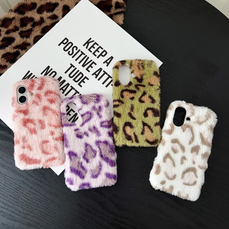 

Fashion Plush Leopard Print Fur case For iPhone 17 Air 17/16/15/14/13/12/11 Pro Max 16E Fluffy Warm Soft Cover Capa