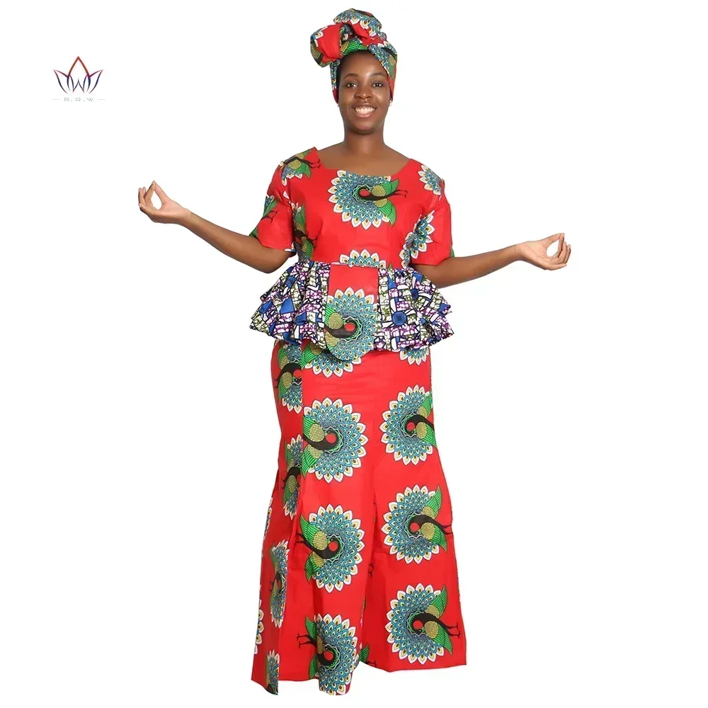 New African Dresses For Women Summer Work Skirt Set Designed Clothing Traditional Bazin Print Riche Plus Size Natural WY1576