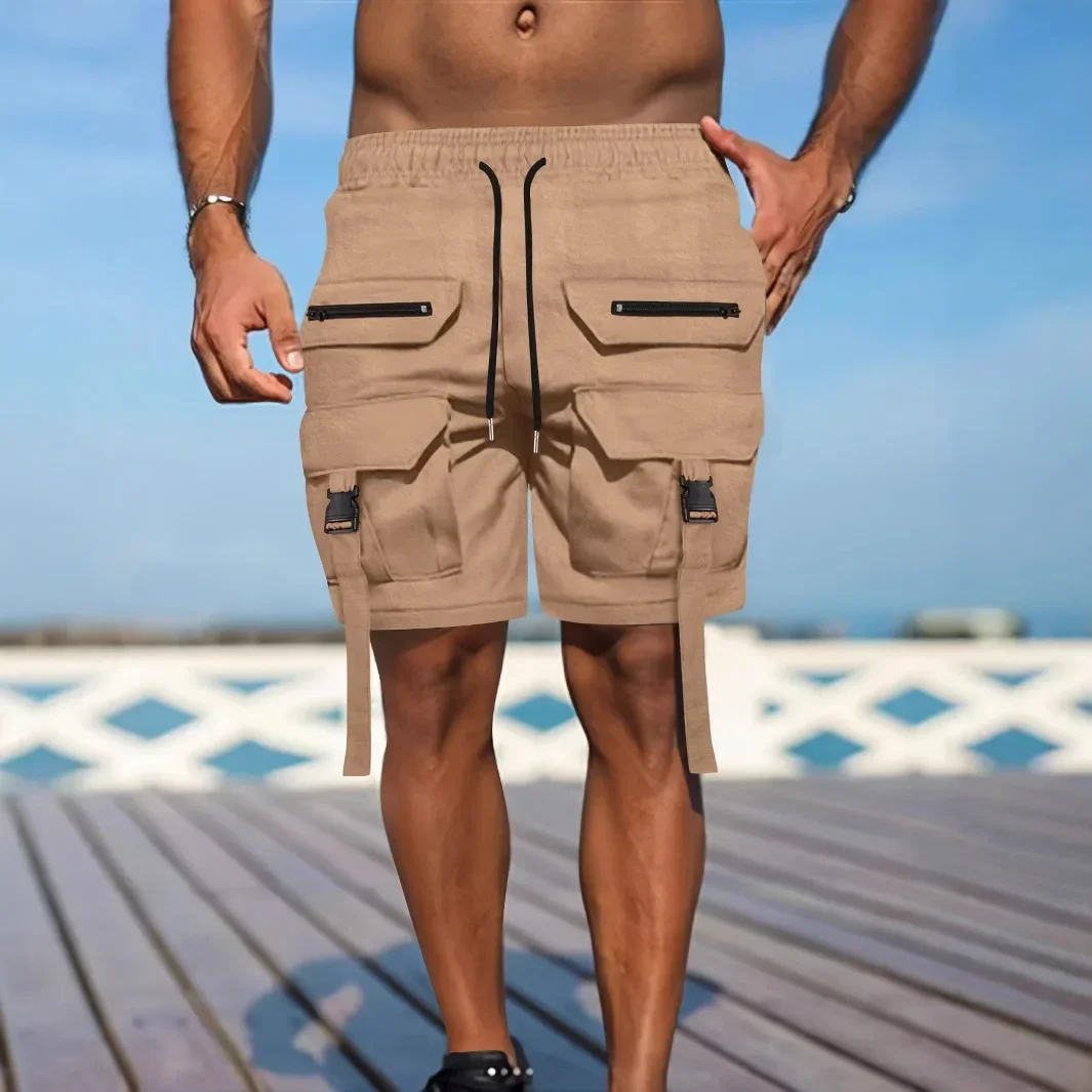 

Новые летние модные мужские однотонные шорты до колена с несколькими карманами на шнурке, повседневные модные уличные шорты, мужская уличная одежда