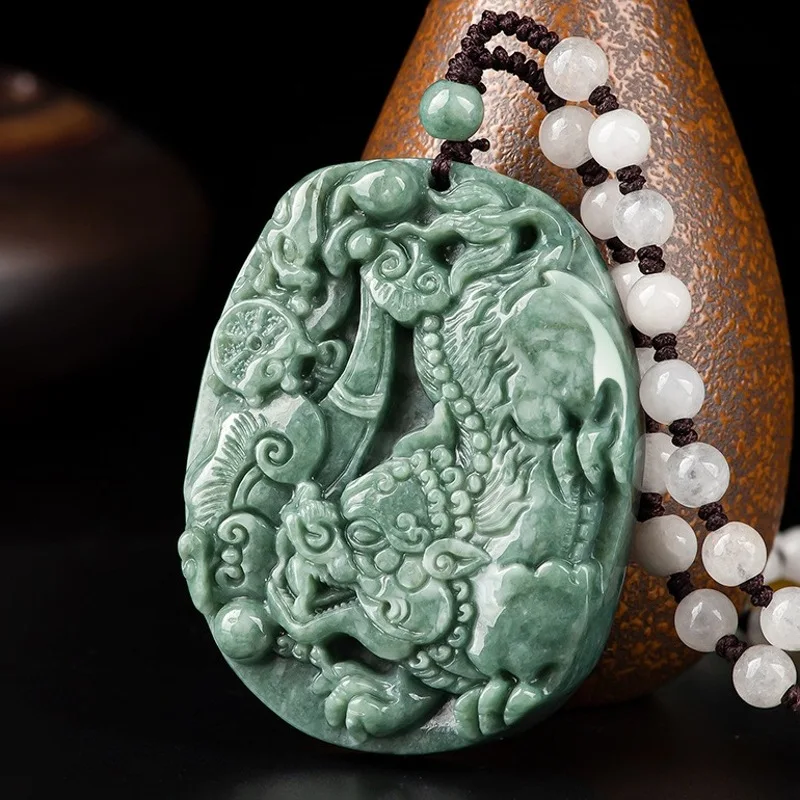 

Real Natural Grade A Jade Jadeite Men Women Bless Lucky Carved Ruyi Pixiu Oblong Pendant