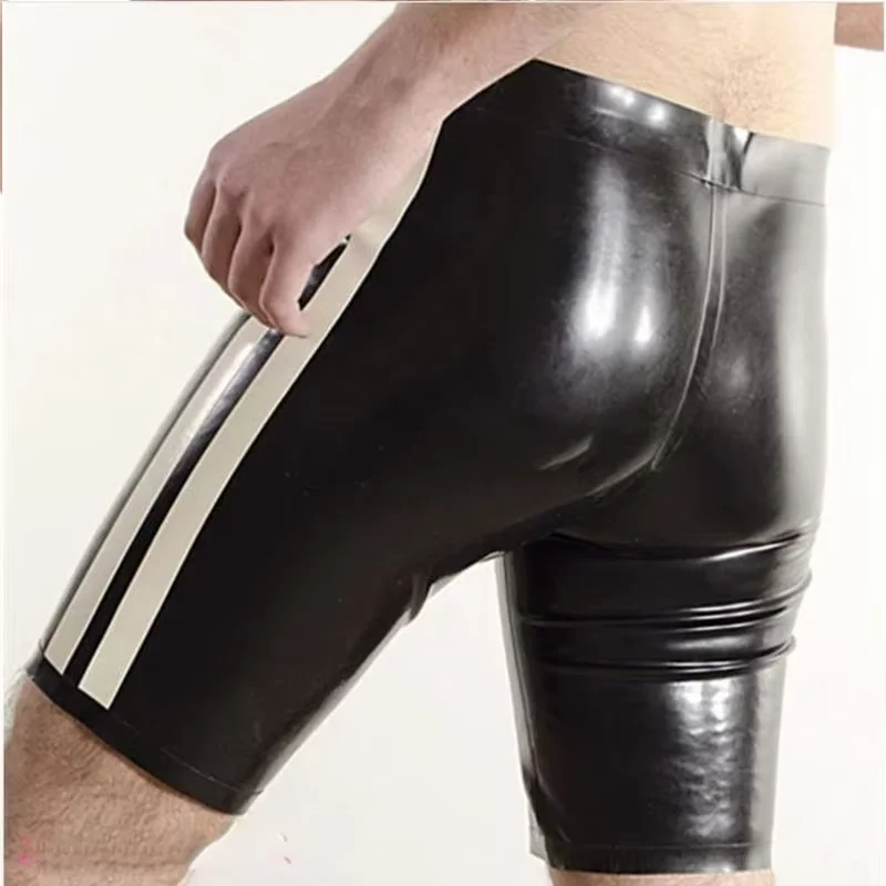 Handmade Black with White Strips Latex Shorts High Waist Rubber Boxer Shorts Latex Rubber Short Pants Half Length  ( No Zip)
