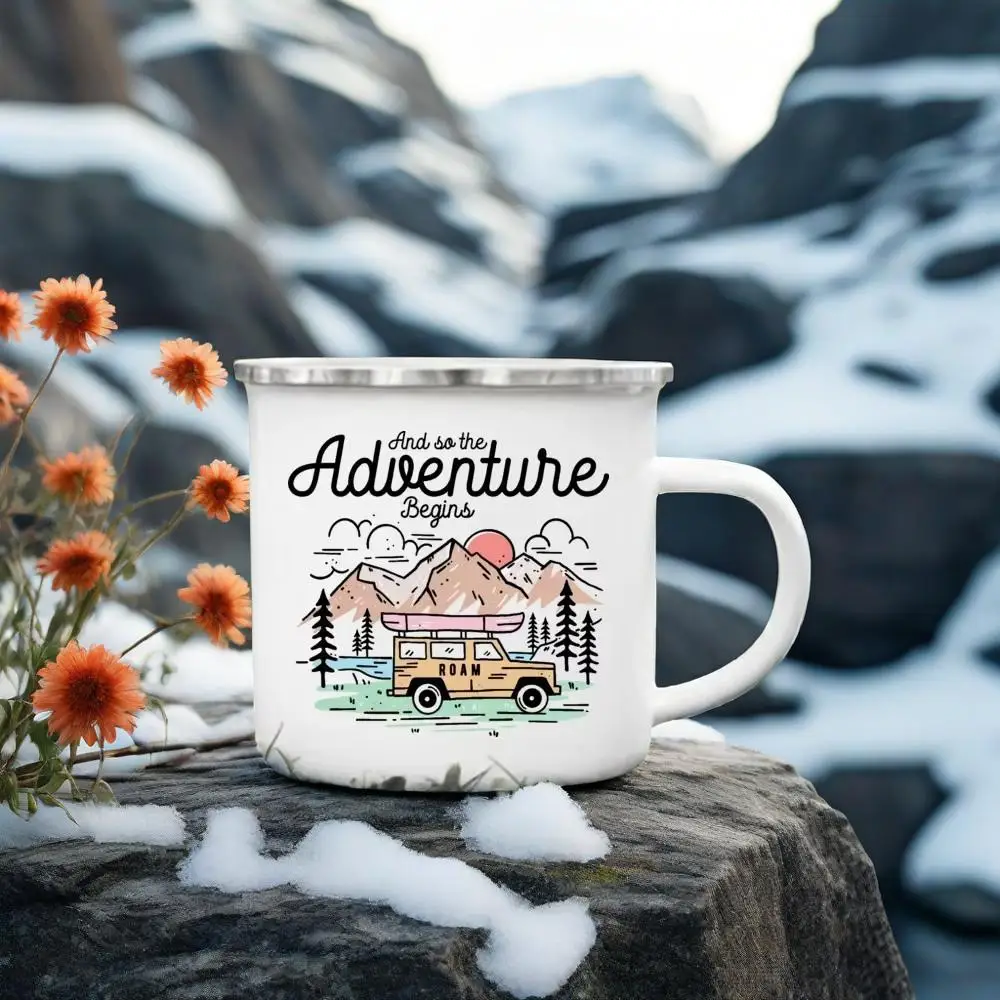

And So The Adventure Begind Printed Mug Camping Enamel Cup Campfire Party Beer Coffee Mugs Mountain Handle Cups Gifts for Camper