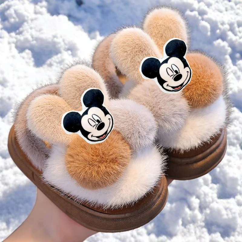 

Mickey Mouse Slippers Disney fall Winter Fashion Warm Fur Slippers Non-slip Cotton Shoes Minnie Casual Shoes Baby Toddler Shoes