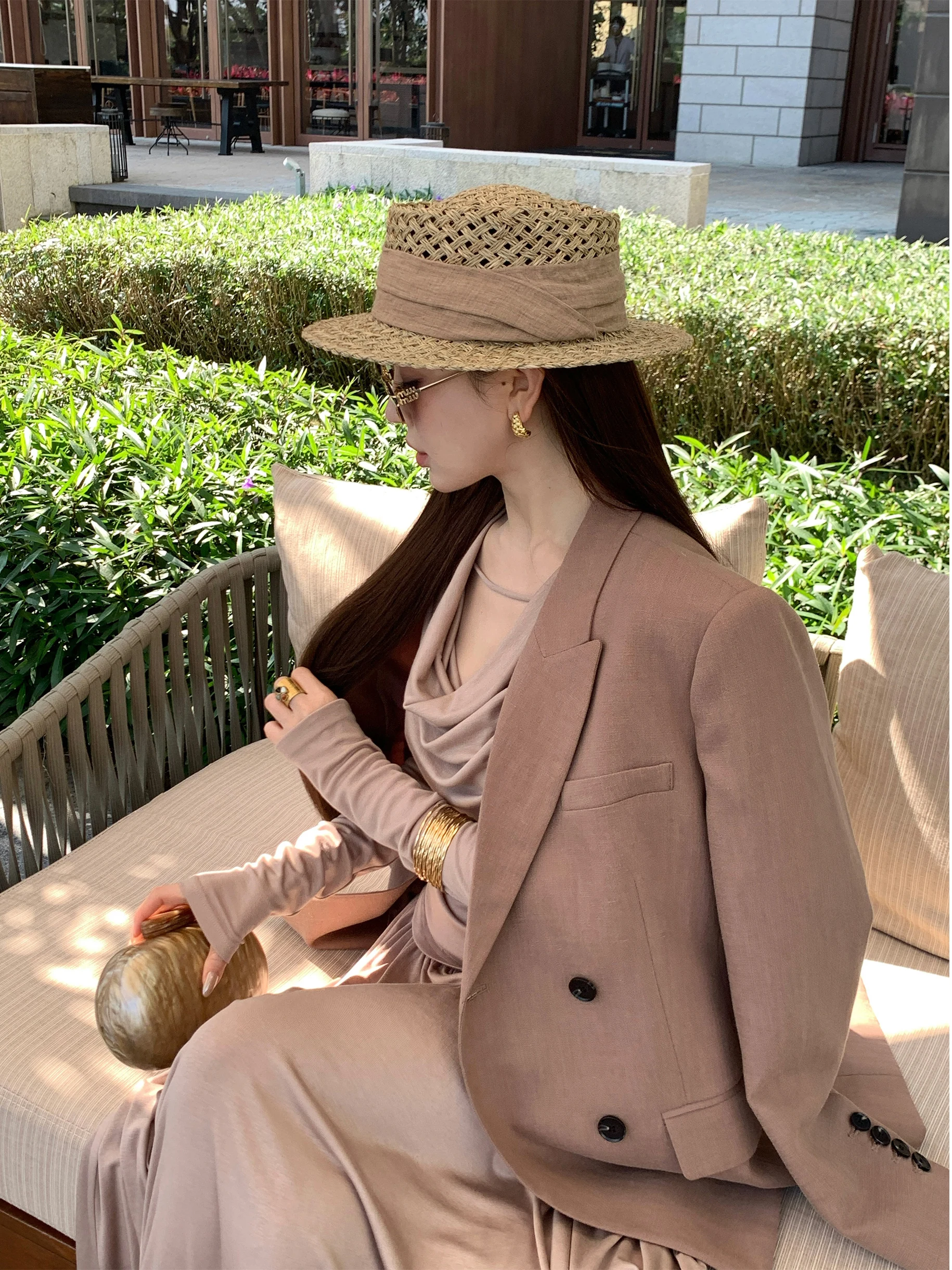 

Свободный льняной двубортный женский пиджак с лацканами, универсальный размер, модный, для офиса, цвет мокко, винтажный стиль