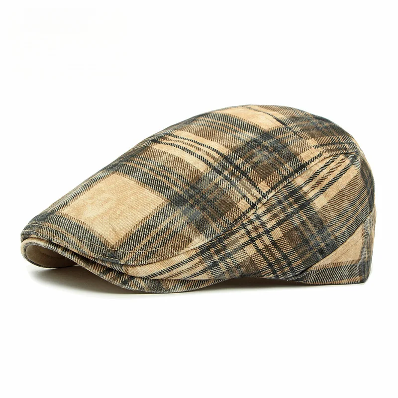 New Men Women Beret Cap Reversible Unisex Vintage Plaid Newsboy Washed Distressed Duckbill Hat Retro British Style Two Tone