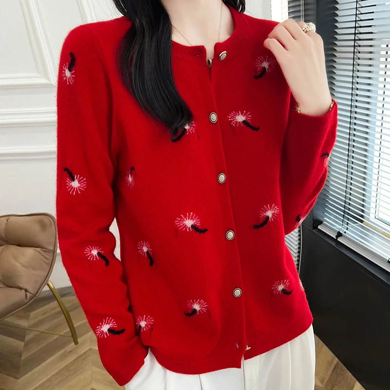 Spring Autumn New Women\'s Clothing 100% Pure Wool Round Neck Knitted Cardigan Fashion Embroidered Tops Short Korean Edition Coat