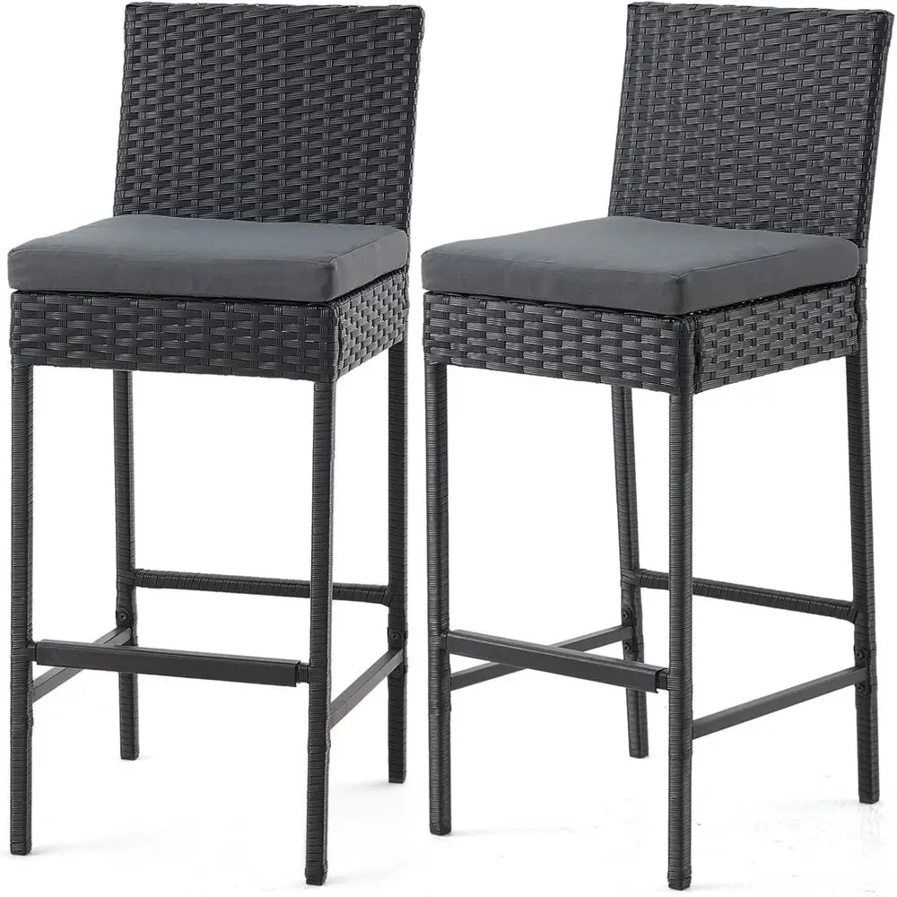 

Set of 2 Outdoor Wicker Bar Stools, Counter Height with Cushion, Suitable for Lawn, Balcony, Garden, Black