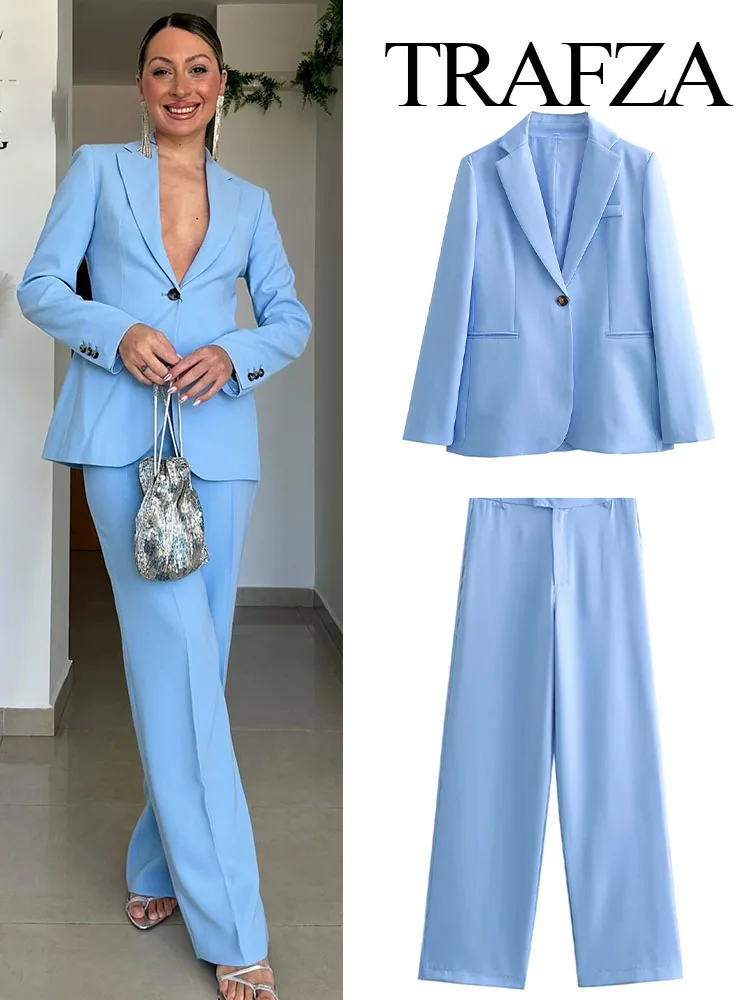 

TRAFZA Female Sets Blue Turn-Down Collar Long Sleeves Pockets Single Button+Mid Waist Pockets Zipper Wide Leg Pants Woman Suit