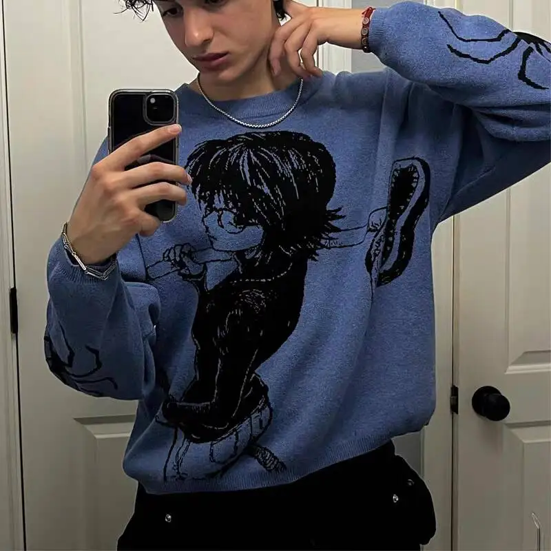 2024 Autumnand Y2k Streetwear Men New Retro Punk Pattern Sweater Loose Versatile Sweater For Men And Women Long Sleeve Sweater