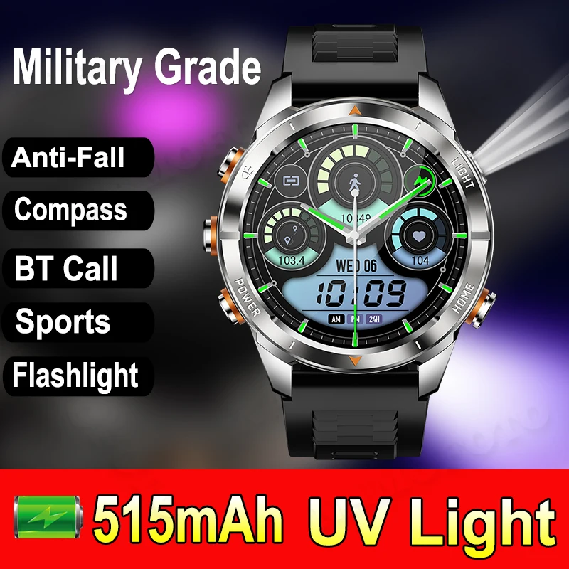 

Men Women Outdoor Sports Smartwatch Compass 515mAh LED Flashlight UV Light Military Anti-drop BT Call Health Tracker Smart Watch
