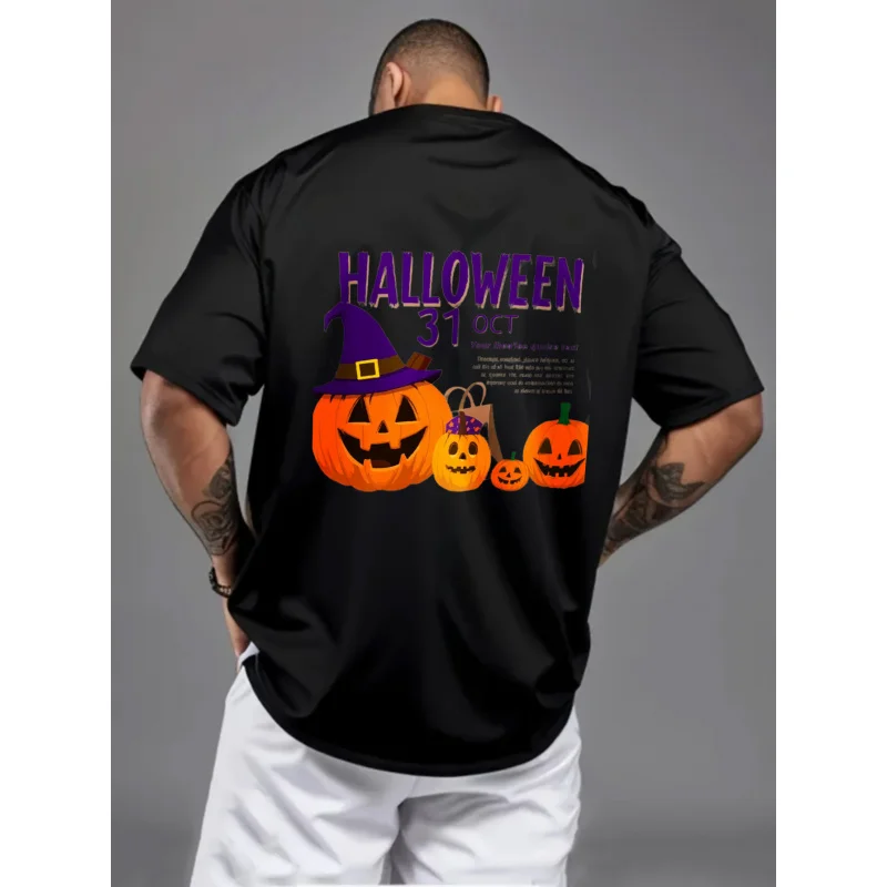 

Men's T-Shirt Black Halloween Pumpkin Witch Hat 31 Oct Printed Pattern & Text High Quality Cotton 180g