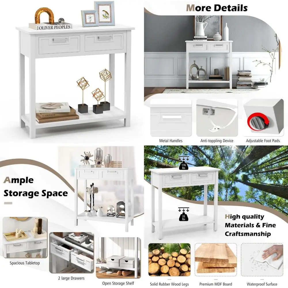 

Narrow Entryway Console Table with 2 Drawers and Shelf, Rubber Wood Legs, Perfect for Living Room and Hallway