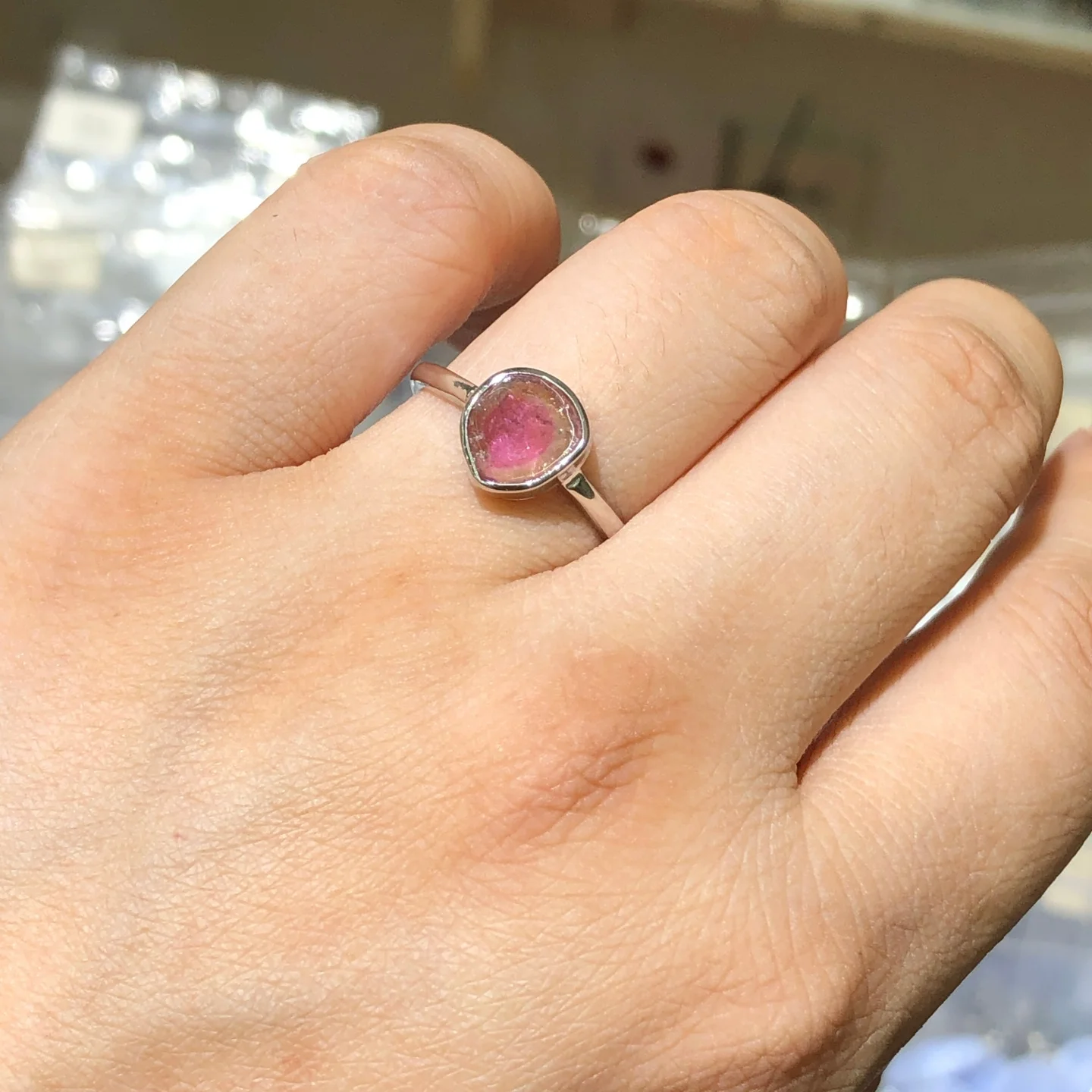1 Pc Fengbaowu Natural Watermelon Tourmaline Ring 7-8MM 925 Sterling Silver Resizable Reiki Healing Stone Jewelry Gift Women