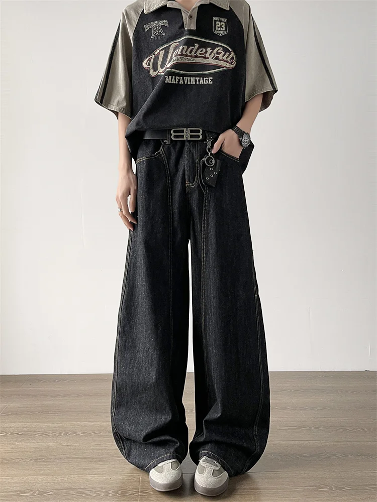 

Мужские джинсы свободного кроя с широкими штанинами, модные, винтажные, в американском стиле, с эффектом потертости, прямого кроя, длинные брюки, повседневные, молодежные, весенние