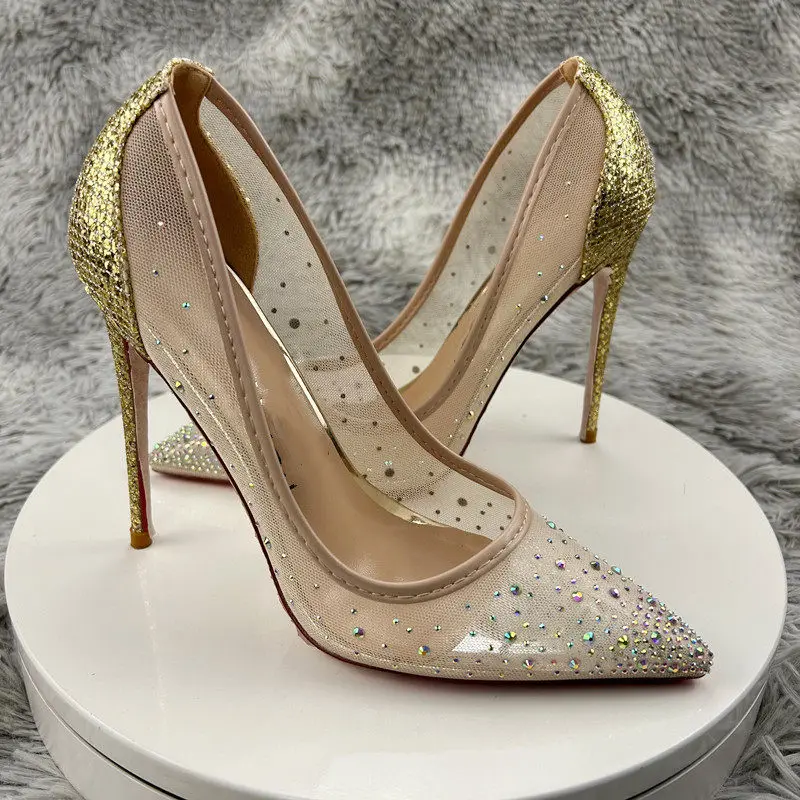 

New Gold Sequin Mesh Rhinestones High Heels Sequined Sexy Low-Cut Women’s Pumps Stiletto Heel Red Sole Brides Bridesmaids Shoes