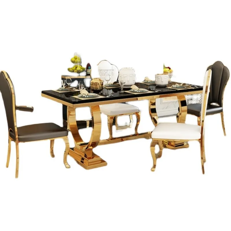 

European light luxury stainless steel dining table rectangular marble dining table