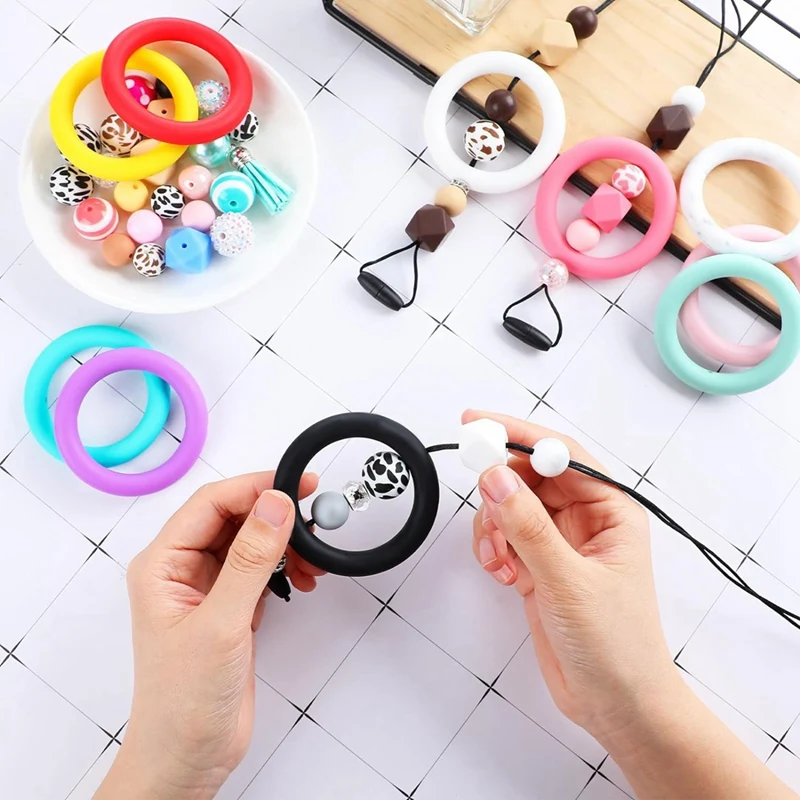 32Pcs Silicone Beadable O Rings 65Mm Round Silicone Loop With 2 Hole For DIY Keychain Necklace Bracelet Jewelry Making