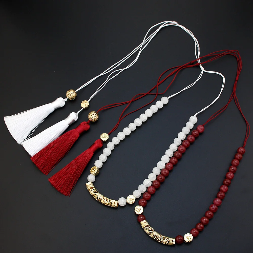 Natural Stone Beads Neckalce Tassels Necklace Handmade Women Knitting Choker Arabic Caftan Banquet Jewelry Neck Chain Sunspicems