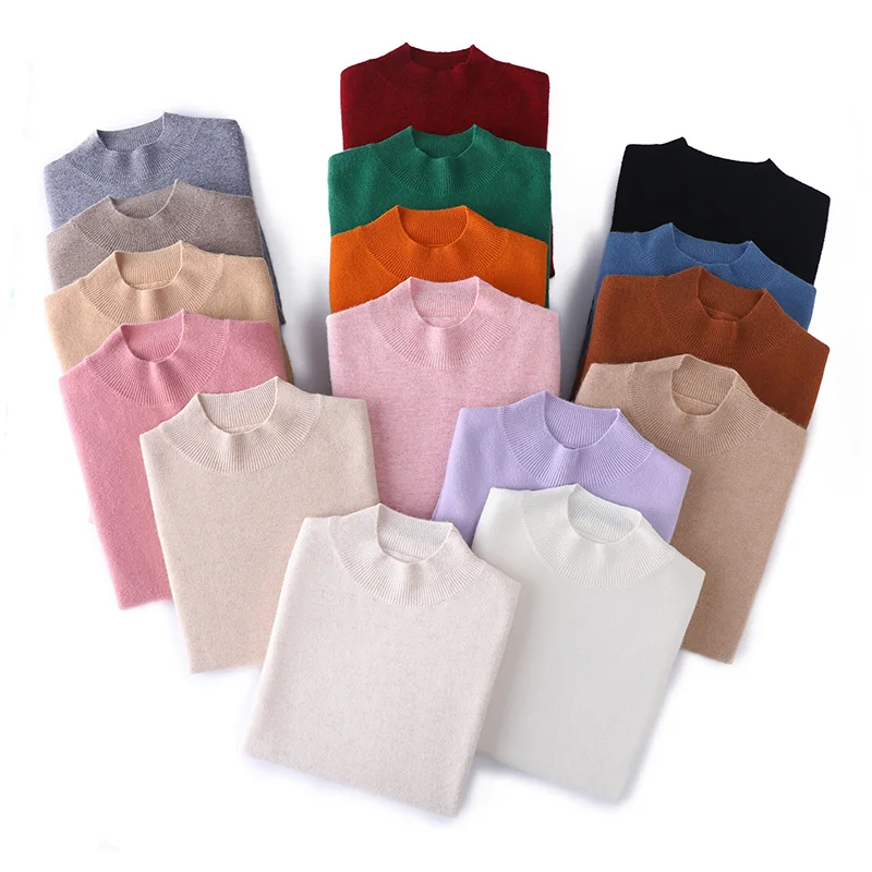 

Christmas Woman Basic Sweater Autumn Winter Solid Color Warm 100% Cashmere Knitwear Mock Neck Pullover Classic Versatile Colors