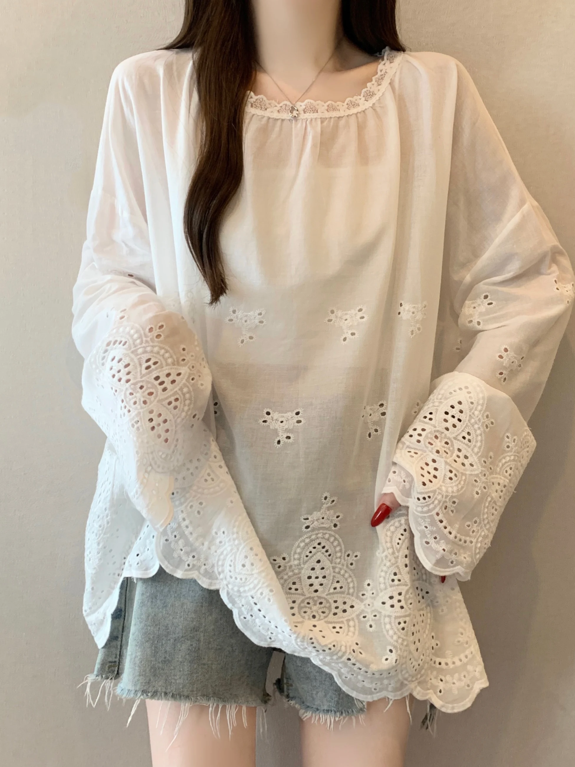 

Lace Hollow out Shoulder Women's Shirt Spring Summer New Style plus Size Outer Cover Long Sleeve round Neck Casual Top