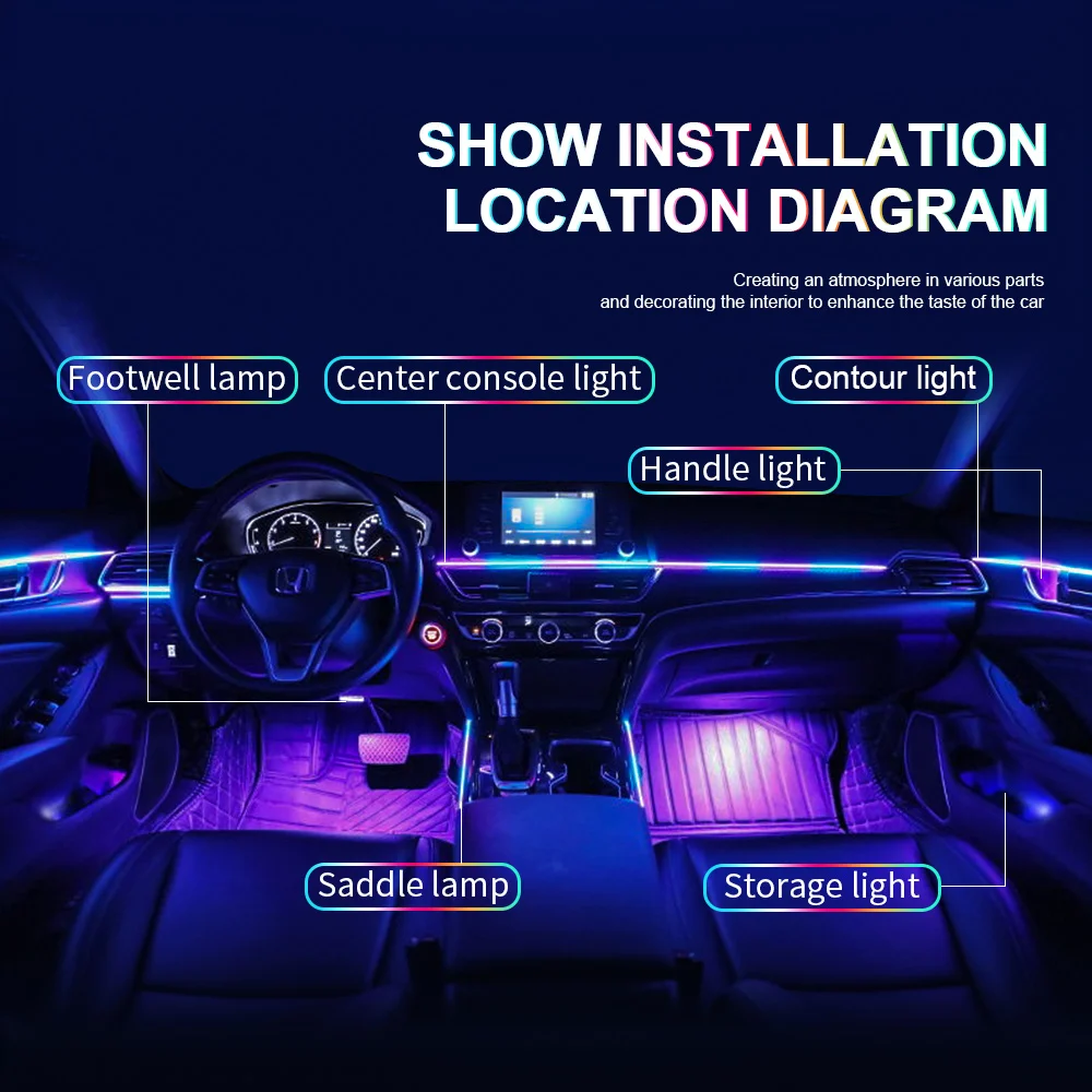 LED Symphony Luzes Ambiente, Interior do carro, Full Color Streamer, RGB 64 Cores, Neon Acrílico Decoração Strip, Lâmpada Atmosfera, 18 em 1